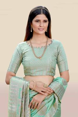 Turquoise woven banarasi silk saree with blouse 5