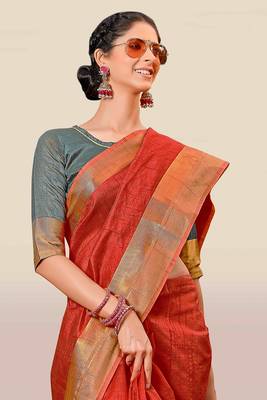 Red woven banarasi silk saree with blouse 5