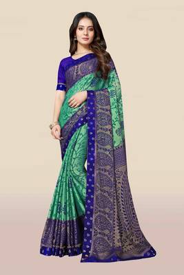 Green printed chiffon saree with blouse 1