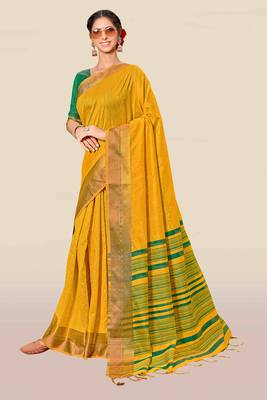 Yellow woven banarasi silk saree with blouse 1