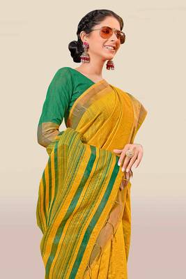 Yellow woven banarasi silk saree with blouse 3