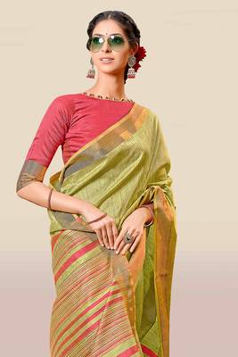 Green woven banarasi silk saree with blouse 5