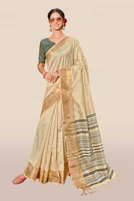 Beige woven banarasi silk saree with blouse 1