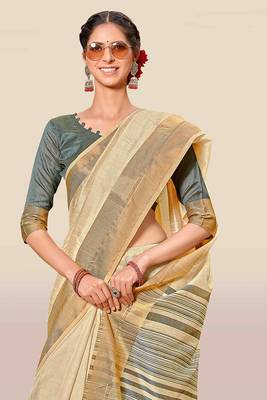 Beige woven banarasi silk saree with blouse 4