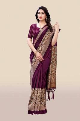 Purple printed art silk saree with blouse 1