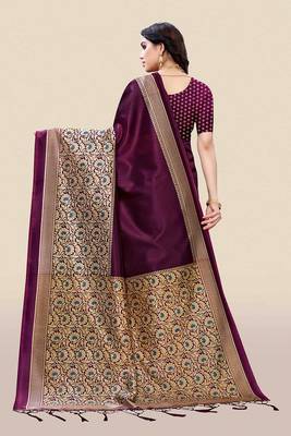 Purple printed art silk saree with blouse 2