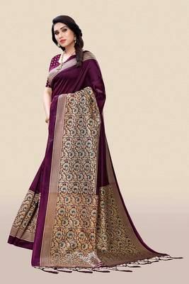 Purple printed art silk saree with blouse 3