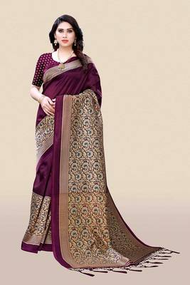 Purple printed art silk saree with blouse 4