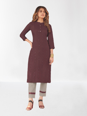 Rayon Embroidery with mirror work Women Kurta and Pant Wine KE_Siyara_WINE 1