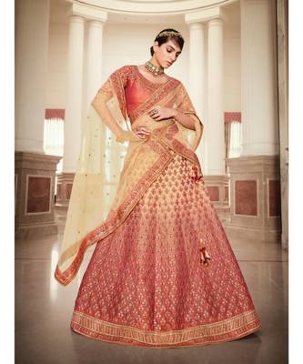 Nakkashi Rust colour shaded lurex handloom silk lehenga having beige colour net dupatta 2