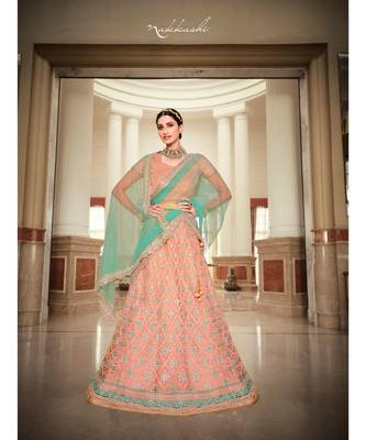 Nakkashi Peach colour net lehenga having sky blue colour net duppata paired 2