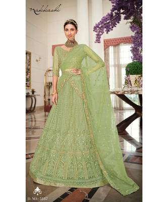 Nakkashi Pista green colour net lehenga having pista green colour net duppata 1
