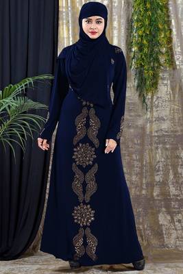 Gopinathji Fashion Women's Abayas with Foral Stone Work Solid Satin Silk Burqa With Hijab  1