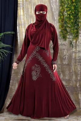 Gopinathji Fashion Women's Abayas with Foral Stone Work Solid Satin Silk Burqa With Hijab  1