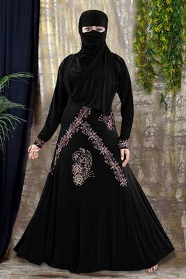 Gopinathji Fashion Women's Abayas with Foral Stone Work Solid Satin Silk Burqa With Hijab  1