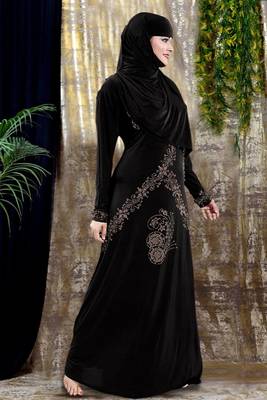 Gopinathji Fashion Women's Abayas with Foral Stone Work Solid Satin Silk Burqa With Hijab  2