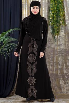 Gopinathji Fashion Women's Abayas with Foral Stone Work Solid Satin Silk Burqa With Hijab  1