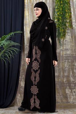 Gopinathji Fashion Women's Abayas with Foral Stone Work Solid Satin Silk Burqa With Hijab  2