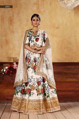 Cream Embroidered Art Silk Semi Stitched Lehenga 2