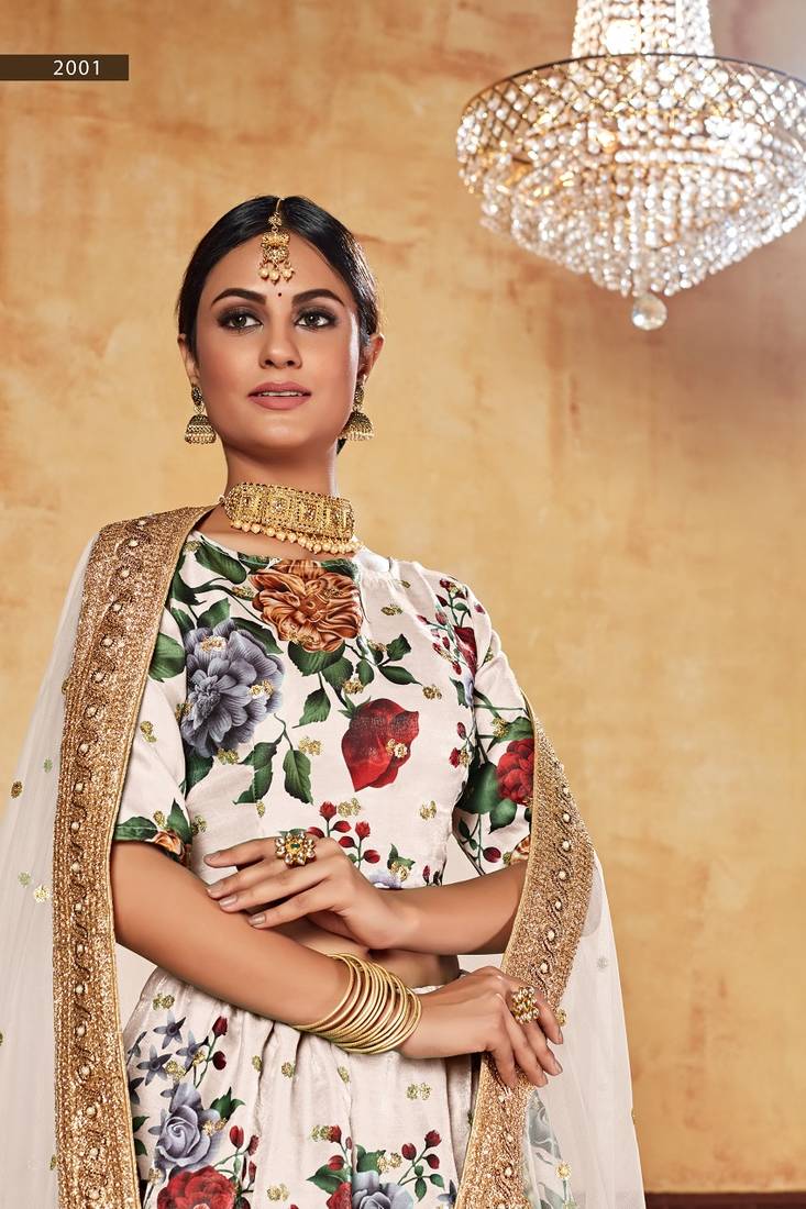 Cream Embroidered Art Silk Semi Stitched Lehenga