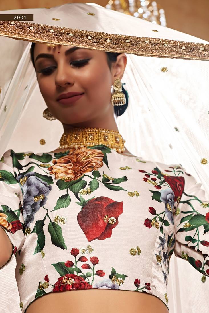 Cream Embroidered Art Silk Semi Stitched Lehenga