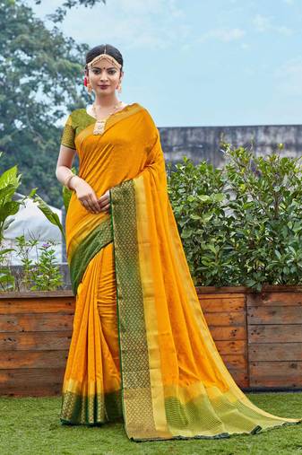 Women Yellow jacquard Silk Wedding Wear Saree 