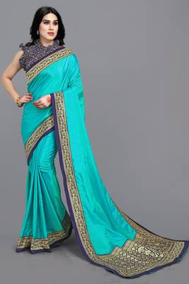 Turquoise woven silk blend saree with blouse 1