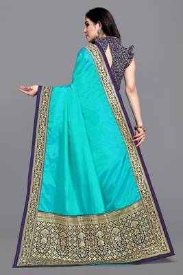 Turquoise woven silk blend saree with blouse 2