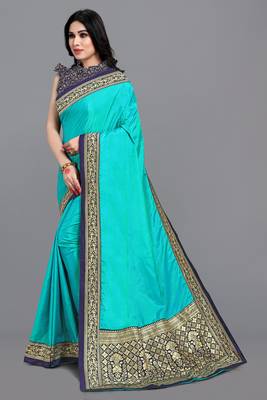 Turquoise woven silk blend saree with blouse 3