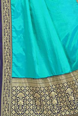 Turquoise woven silk blend saree with blouse 5