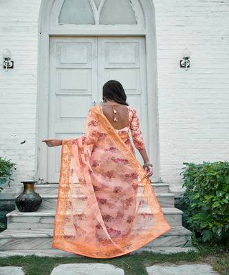 Orange printed organza saree with blouse 2