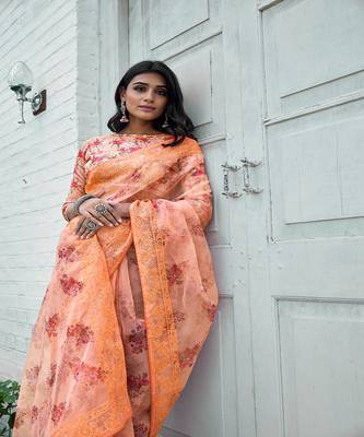 Orange printed organza saree with blouse 3