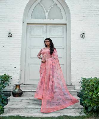 Pink printed organza saree with blouse 1