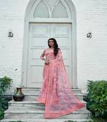 Pink printed organza saree with blouse