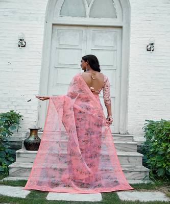 Pink printed organza saree with blouse 2