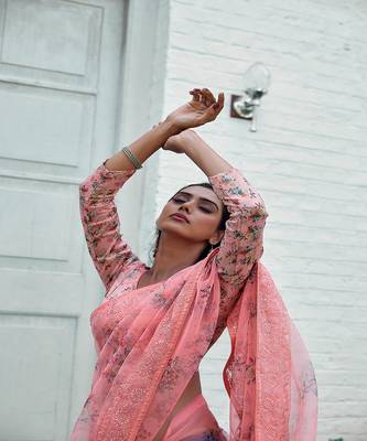 Pink printed organza saree with blouse 3