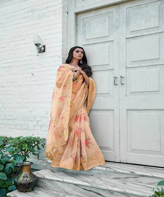Peach printed organza saree with blouse 1