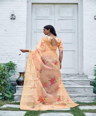 Peach printed organza saree with blouse 2