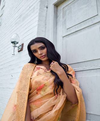 Peach printed organza saree with blouse 3
