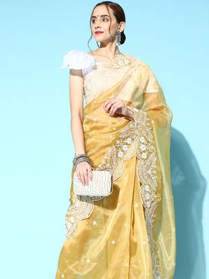 Yellow embroidered organza saree with blouse 1