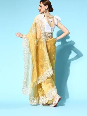 Yellow embroidered organza saree with blouse 2