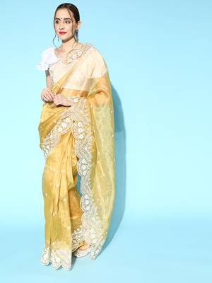 Yellow embroidered organza saree with blouse 3