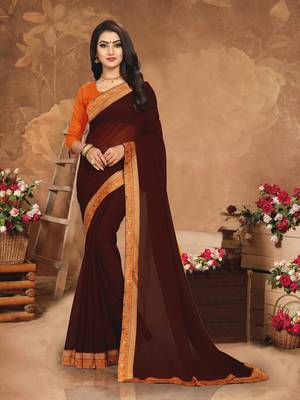 Brown plain georgette saree with blouse 1