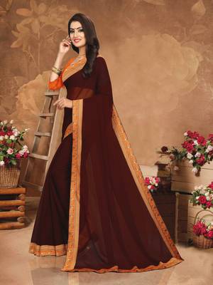 Brown plain georgette saree with blouse 2