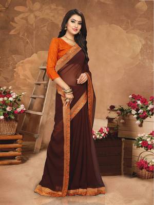 Brown plain georgette saree with blouse 3