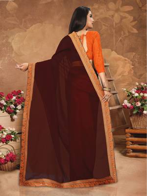 Brown plain georgette saree with blouse 4