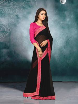 Black plain georgette saree with blouse 3