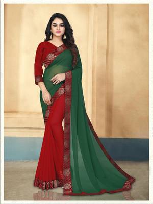 Green plain georgette saree with blouse 1