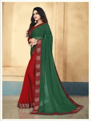 Green plain georgette saree with blouse 2