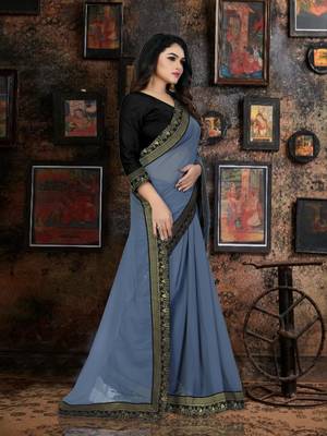Grey Plain Georgette Saree With Blouse 3